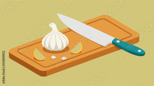 The steady rhythm of a knife chopping against a bamboo ting board creating the perfect minced garlic for the salsa.. Vector illustration