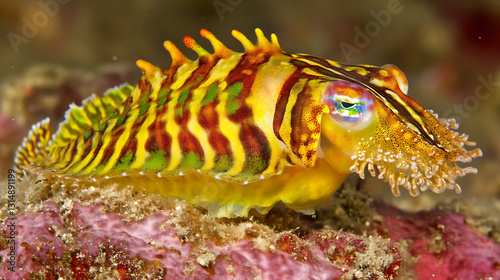 A flamboyant cuttlefish displays vibrant yellow green and brown stripes with striking eyes resting on a pink-hued seabed.