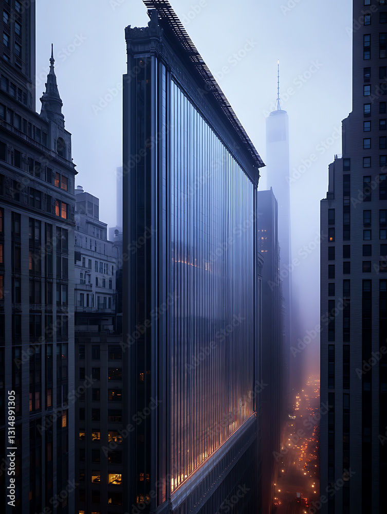 Fog-shrouded cityscape featuring a prominent vertically-lined building reflecting the urban glow in a modern stylized composition. Fog-shrouded cityscape featuring a prominent vertically-lined building reflecting the urban glow in a modern stylized composition.