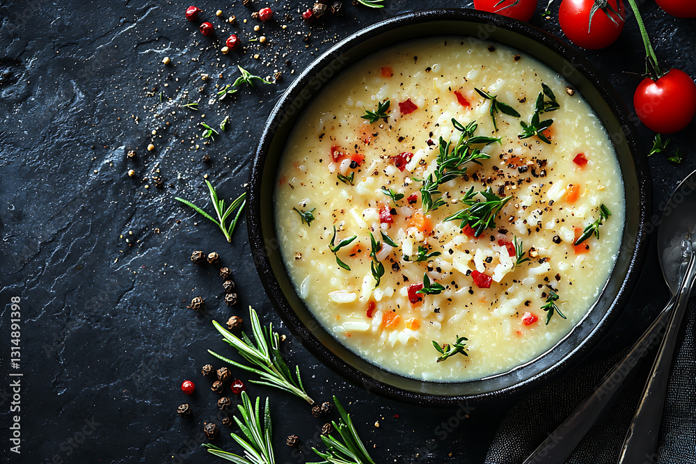 Creamy soup in a black bowl garnished with herbs peppers and tomatoes on a dark textured background. Creamy soup in a black bowl garnished with herbs peppers and tomatoes on a dark textured background.