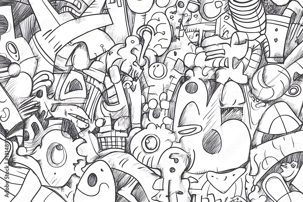 Black and white doodle art featuring abstract shapes whimsical characters and varied textures. Black and white doodle art featuring abstract shapes whimsical characters and varied textures.
