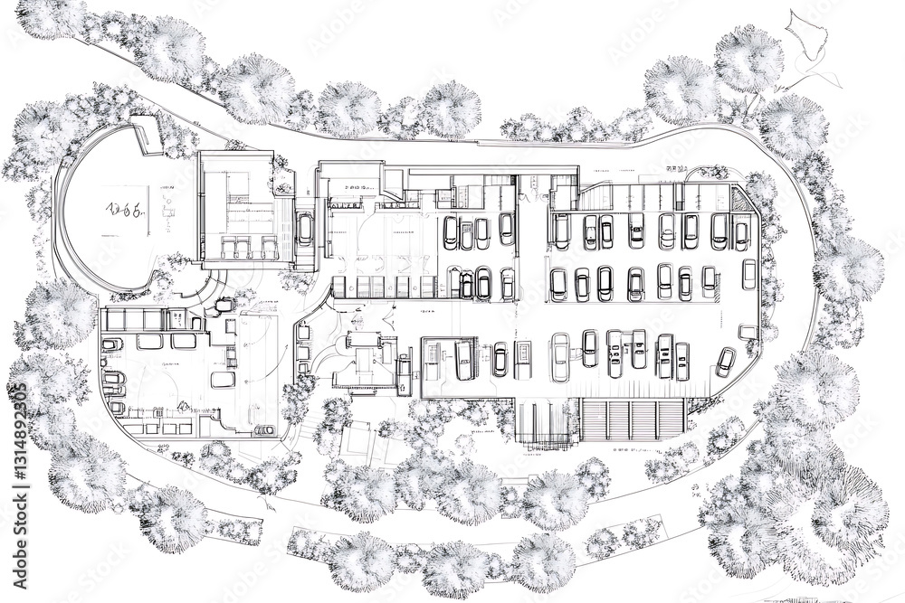 Obraz premium Architectural sketch of a building layout including parking area surrounded by trees and access roads.
