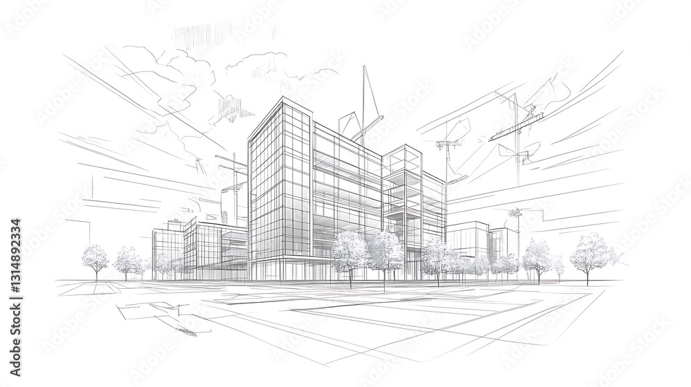 Architectural sketch showing city buildings trees and cranes rendered in grayscale with line work and a slightly angled perspective. Architectural sketch showing city buildings trees and cranes rendered in grayscale with line work and a slightly angled perspective.