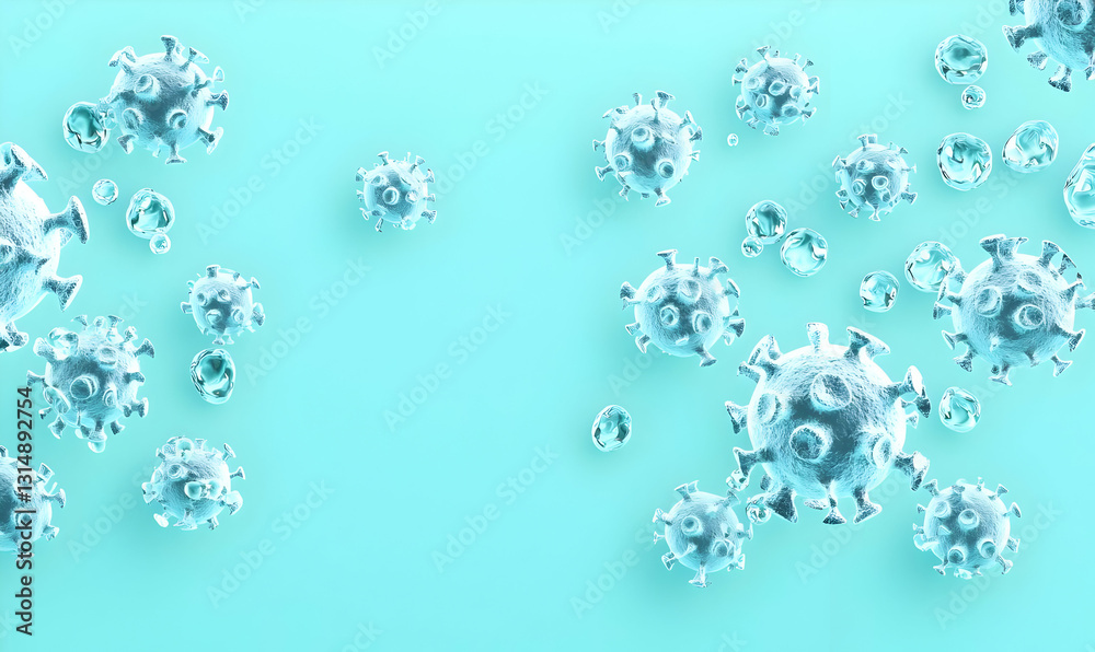 Naklejka premium 3D Illustration of Viruses Floating in Light Turquoise Background