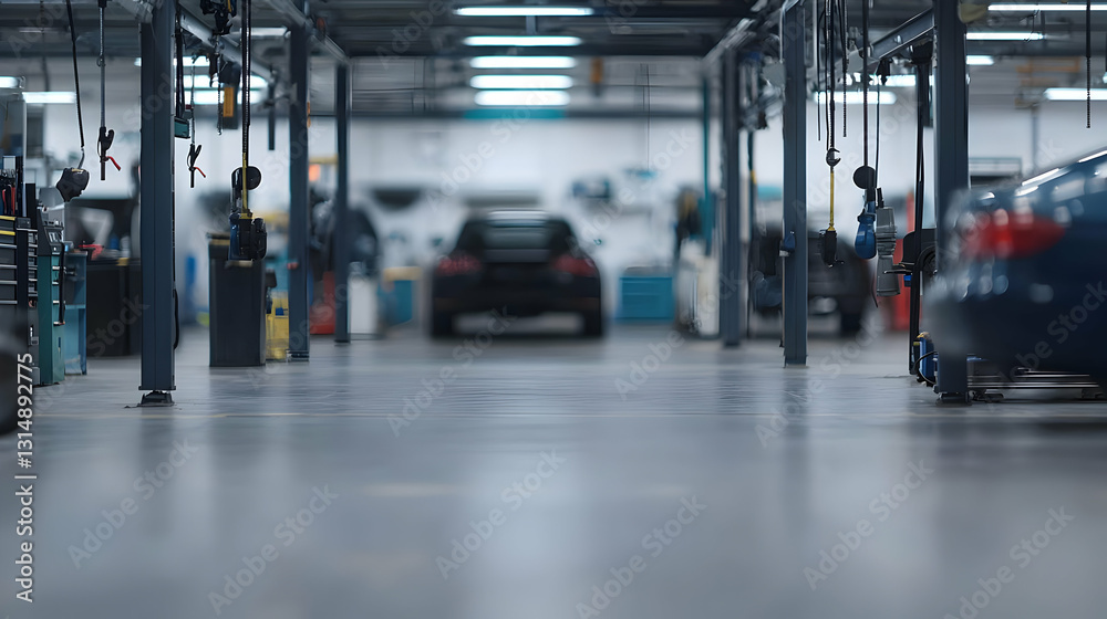 Fototapeta premium View From Floor of Auto Repair Shop With Dark Floor and Lifts and Tools in Background and Cars
