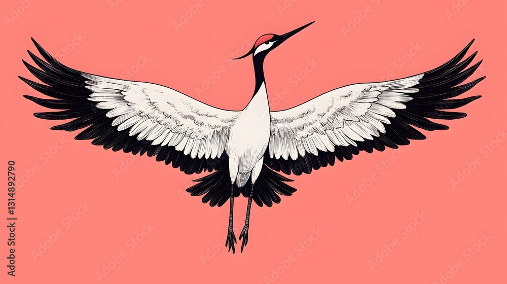 Fototapeta premium Stylized Japanese Crane with Outstretched Wings, Symbolizing Longevity and Good Fortune
