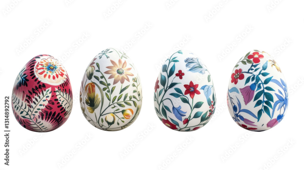 Four decorated easter eggs with floral motifs on transparent background Four decorated easter eggs with floral motifs on transparent background