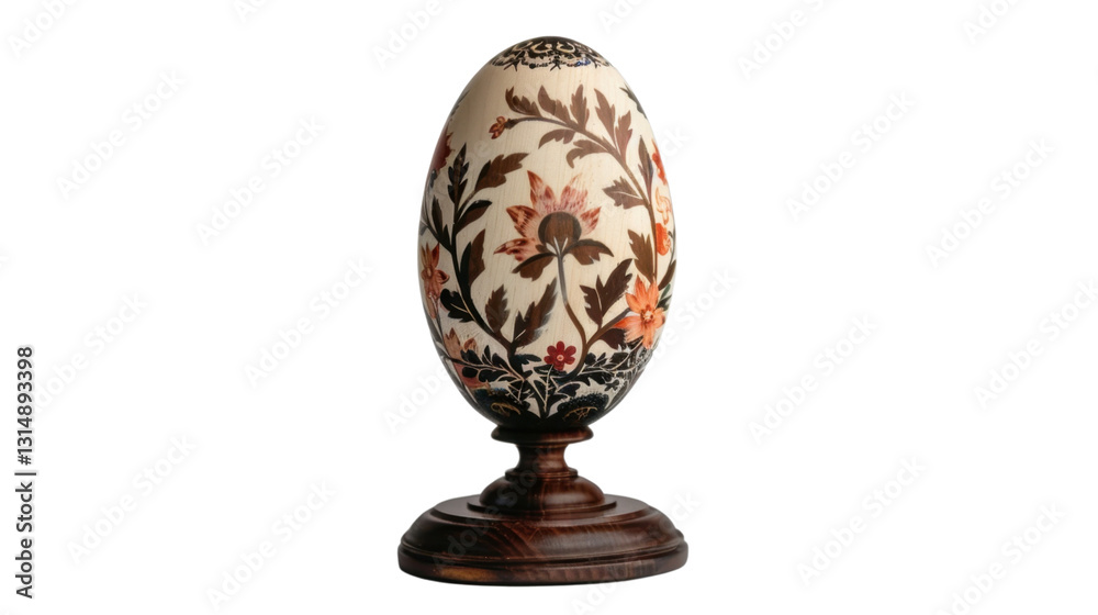 Decorated egg displayed on wooden stand with transparent background Decorated egg displayed on wooden stand with transparent background