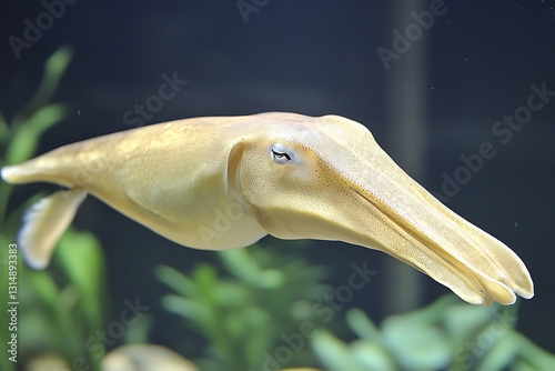 A cuttlefish swims gracefully its smooth elongated body and mesmerizing eyes creating an intriguing underwater portrait.