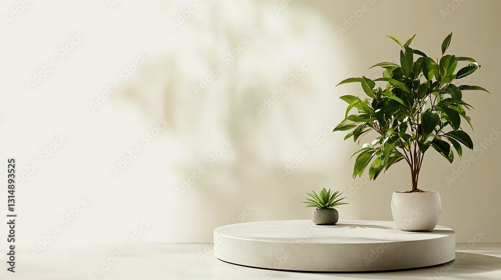 Displaying Green Plants on Round Platform in Studio with Natural Light Displaying Green Plants on Round Platform in Studio with Natural Light