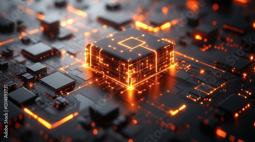 Glowing Orange Processor On Circuit Board