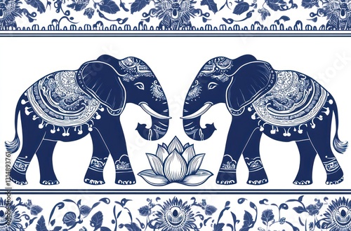 A traditional Thai pattern with elephants and lotus flowers, arranged in an intricate design on a navy blue background