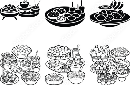Black and White Vector Illustration of Indian Street Food Snacks: Gol Gappe, Chaat, Dahi Puri, & More for Coloring Pages & Graphic Design