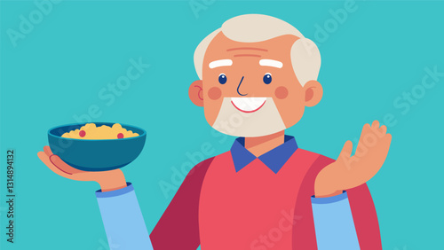 A senior proudly holds up a bowl of homemade granola sharing their secret recipe for a budgetfriendly and nutritious breakfast option.. Vector illustration