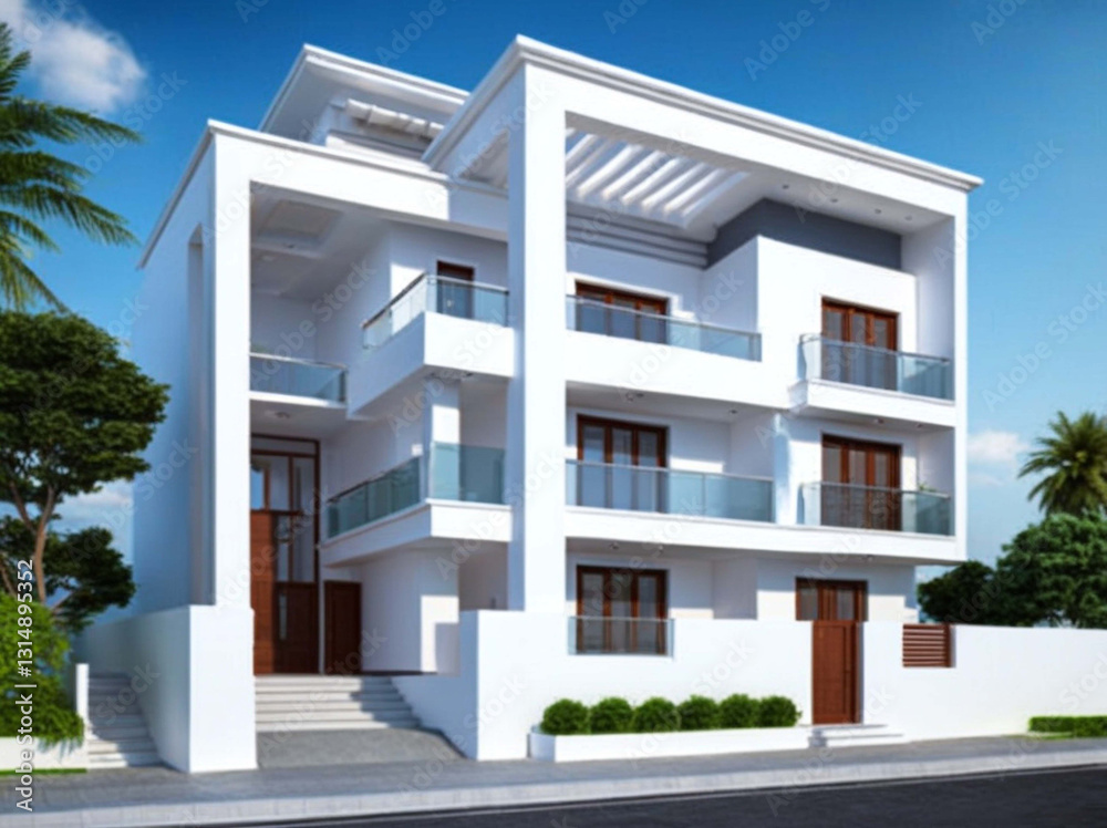 Fototapeta premium modern residential apartment complex with a clean white exterior and glass balconies. Include landscaped greenery, small palm trees, and a well-paved entrance. 