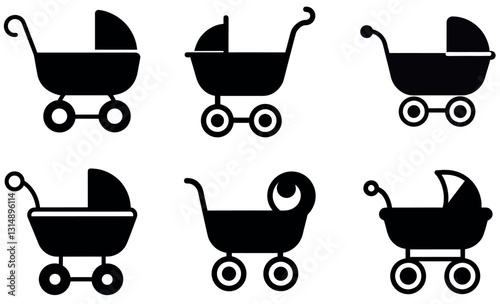 Simple black and white baby stroller icons set.