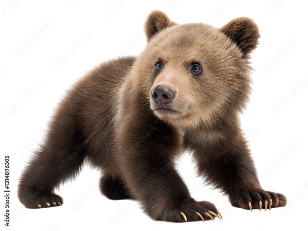 Fototapeta premium Playful grizzly bear cub pawing on the floor indoor setting adorable animal close-up, isolated on white or transparent background