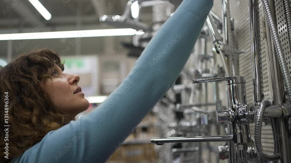 Customer examining various shower faucets, checking their functionality and design in a hardware store, making a thoughtful selection for bathroom renovation