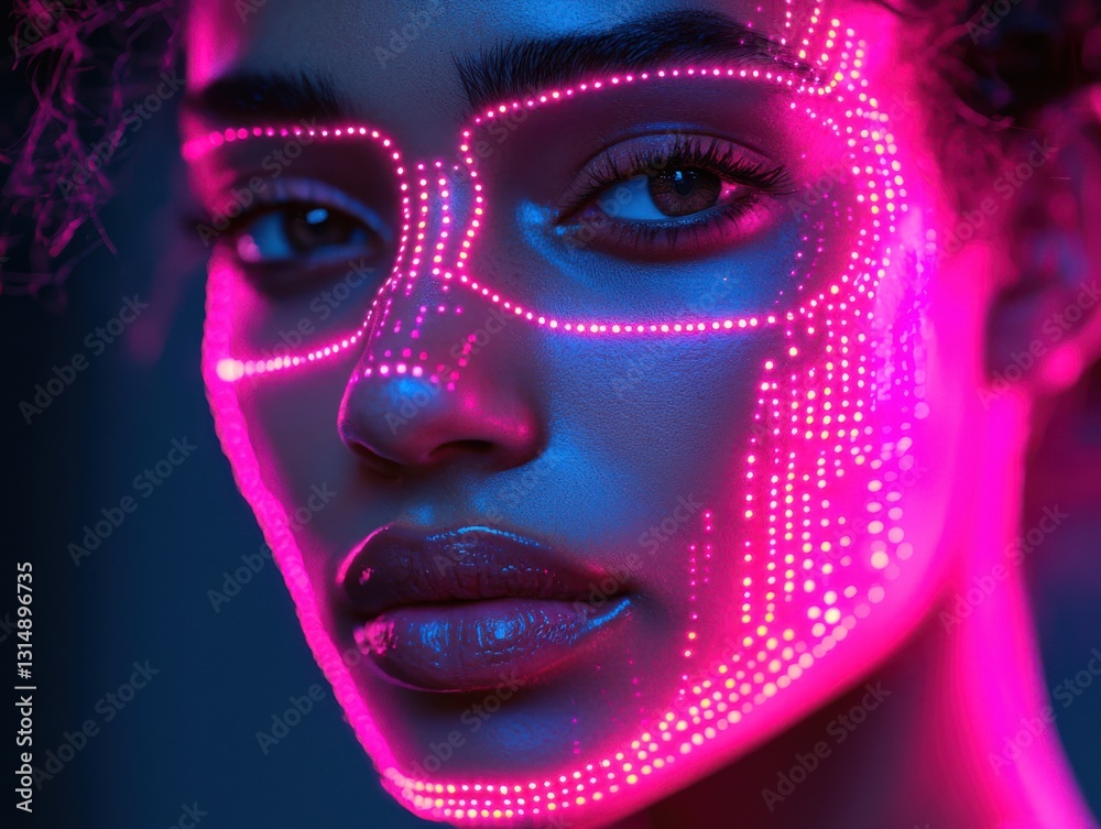 Close-up portrait of a person with glowing lights accentuating facial features in pink and blue hues Close-up portrait of a person with glowing lights accentuating facial features in pink and blue hues