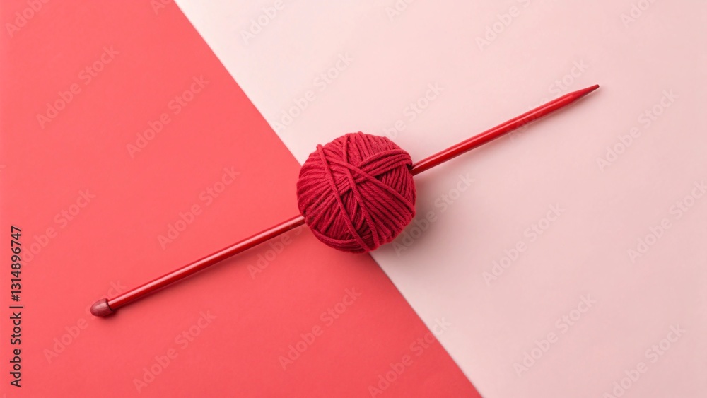 Crimson yarn ball poised on a red and pink backdrop, a single knitting needle rests elegantly across, creating a minimalist craft scene. A vibrant visual. Crimson yarn ball poised on a red and pink backdrop, a single knitting needle rests elegantly across, creating a minimalist craft scene. A vibrant visual.