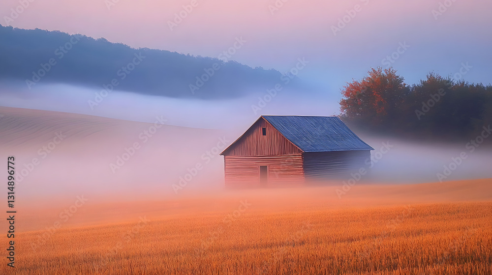 A wooden barn barely visible through thick morning fog over wheat fields. A wooden barn barely visible through thick morning fog over wheat fields.