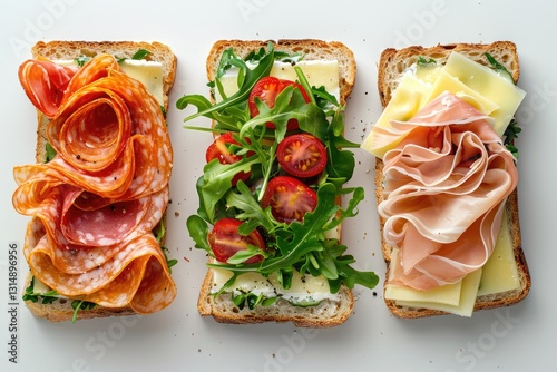 Toasted bread with prosciutto, arugula and cheese. Three sandwiches with tomatoes and sausage top view
