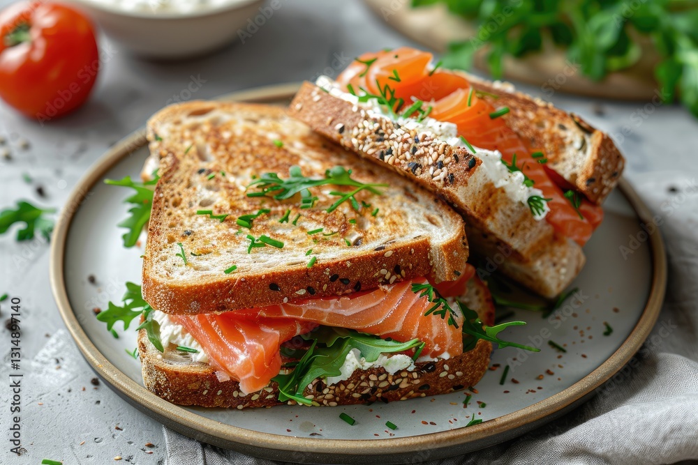 Two sandwiches with lightly salted salmon. Trout with cream cheese. breakfast Two sandwiches with lightly salted salmon. Trout with cream cheese. breakfast