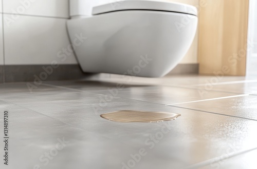 Wallpaper Mural Water Leak on Floor Near Toilet in Modern Bathroom with Light Tile and White Fixtures for Home Maintenance and Repair Imagery Torontodigital.ca
