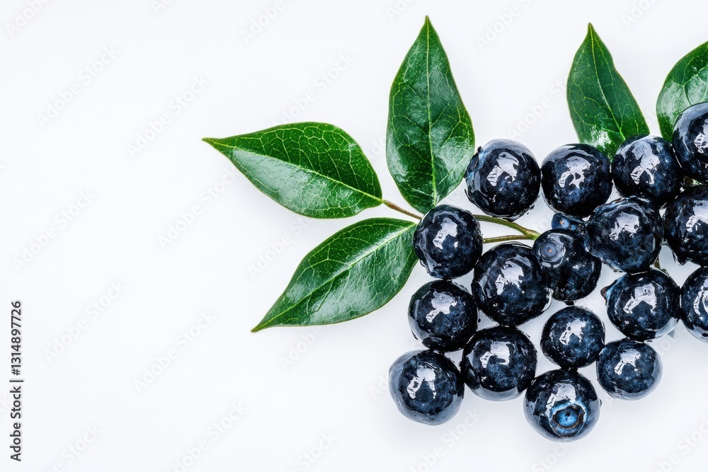 Fresh blueberries with green leaves on white background Fresh blueberries with green leaves on white background