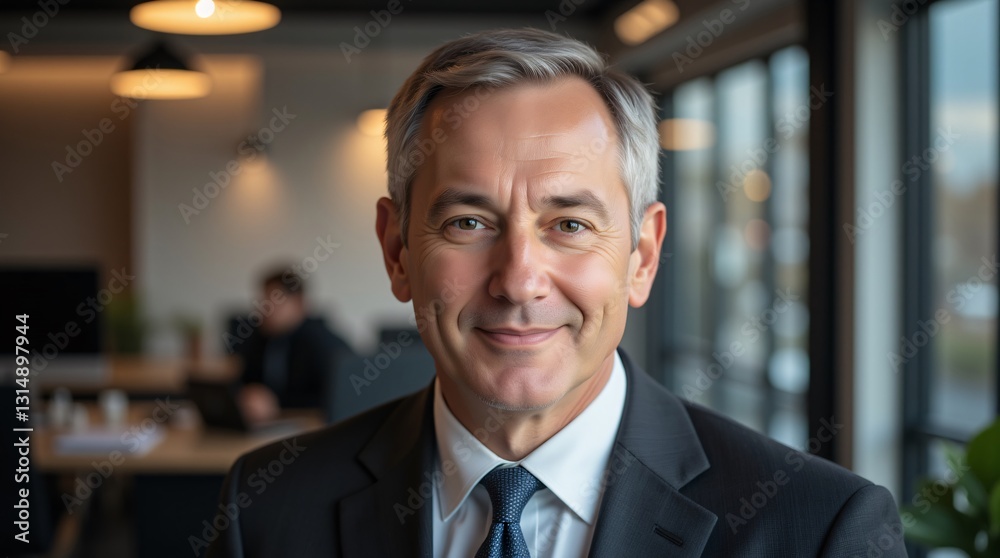 Fototapeta premium Portrait of a confident young businessman in a suit smiling in an office