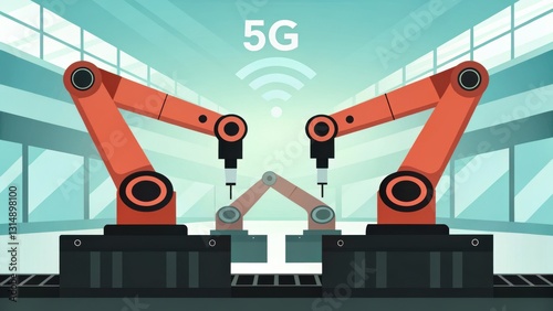 5G Network latency automation. Robotic arms working together with a 5G signal in a modern industrial setting.