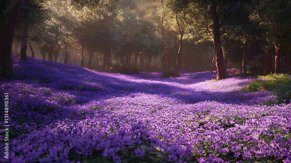 Obraz premium A woodland clearing covered with a sea of violets, their purple flowers creating a stunning visual display.