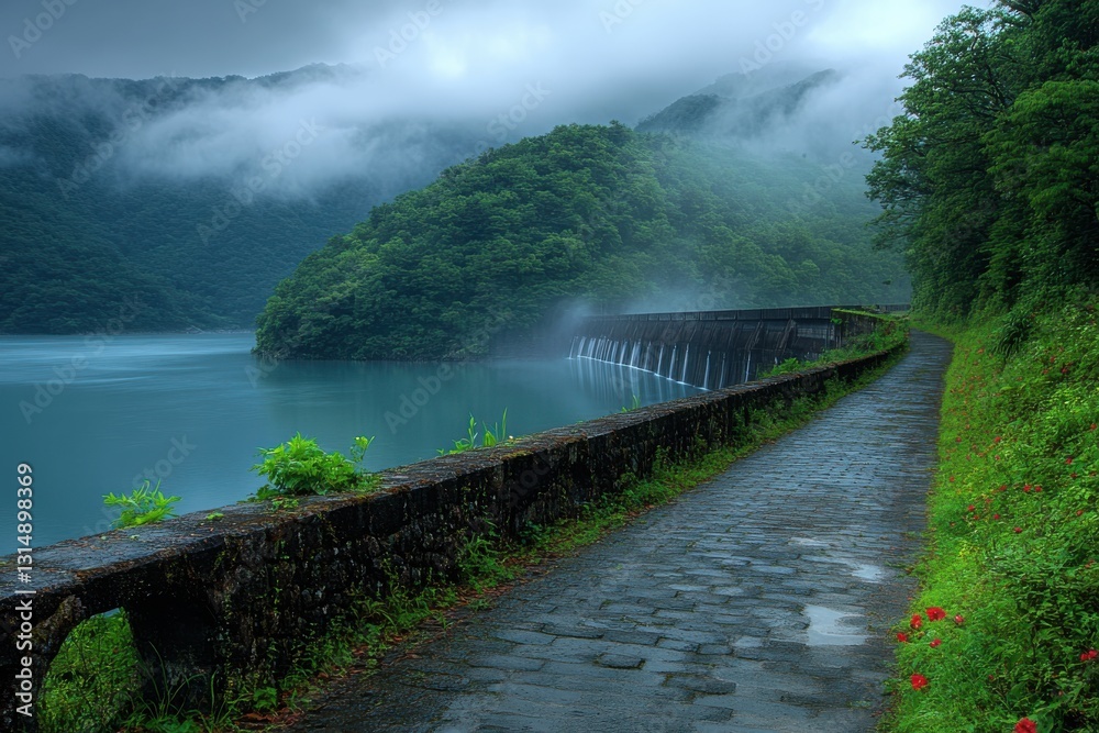 Fototapeta premium Serene Landscape of Misty Dam Surrounded by Lush Green Mountains and Tranquil Water Reflections