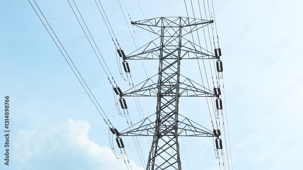 This is tall transmission line tower on clear blue sky background. Electricity high voltage tower. This is tall transmission line tower on clear blue sky background. Electricity high voltage tower.