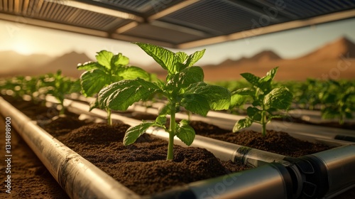 A close-up of vibrant green plants growing in a hydroponic system under a modern structure, showcasing sustainable farming techniques in an arid environment.