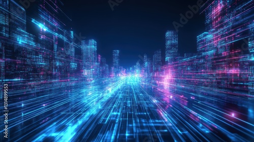 Futuristic data flow visualizations digital cityscape 3d graphics cyber environment aerial view technology concept