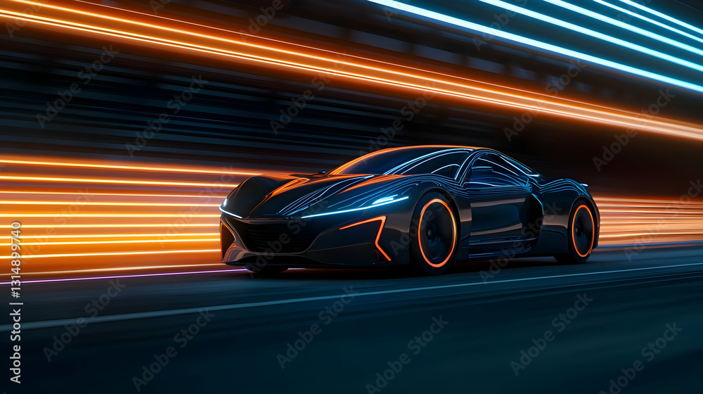 Obraz premium Dark Blue Pixel Art Sports Car Speeding Down a Highway with Orange and Blue Light Trails at Night
