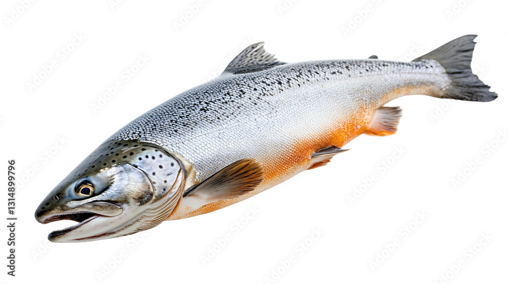 Obraz premium Orange-grey salmon fish animal isolated on transparent background, featuring fresh raw ocean food, highlighting marine aquatic wildlife and its healthy omega-rich properties.