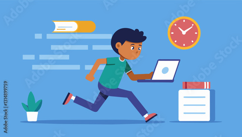 The clock ticks steadily in the background as a teen hurriedly finishes their coding homework assignment before the deadline.. Vector illustration