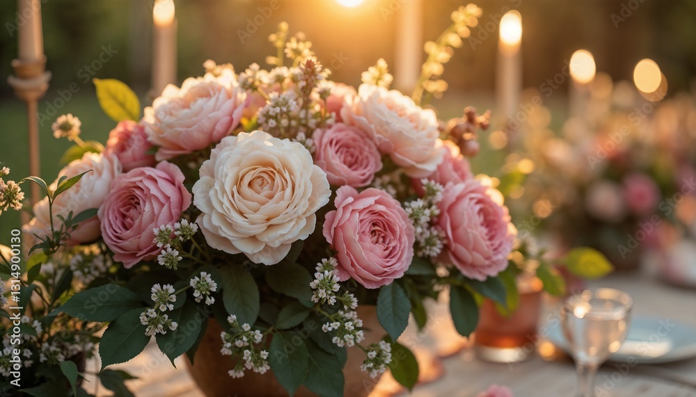 Beautiful floral arrangement with romantic mood on a table at sunset Beautiful floral arrangement with romantic mood on a table at sunset
