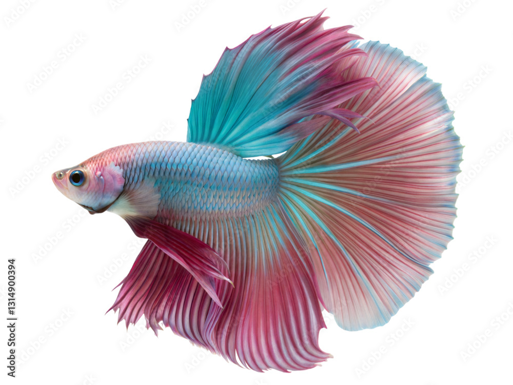 Fototapeta premium Elegant betta fish flaring fins in aquarium setting colorful display underwater view, isolated on white or transparent background