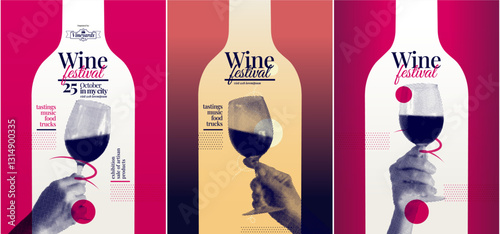 Poster template with hand holding wine glass with halftone effect, background illustration with wine bottle silhouette. Vector
