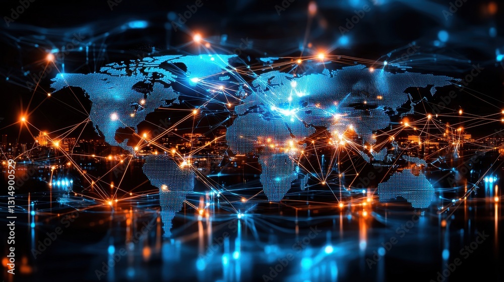Fototapeta premium Glowing global network map showcasing international technology and data connections representing the interconnected world of digital infrastructure communication and business intelligence