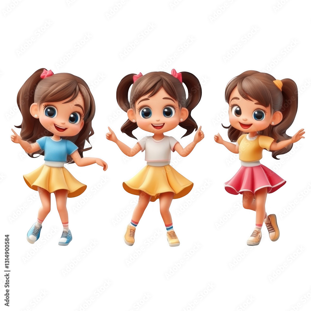 Playful Cartoon Girl Characters Dancing in Colorful Outfits Playful Cartoon Girl Characters Dancing in Colorful Outfits