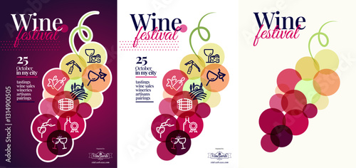 Poster template with concept of bunch of grapes and icons of wine world. suitable for wine events. Vector