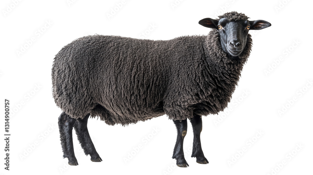Fototapeta premium Side view full body portrait of a black sheep isolated, symbolizing individuality, leadership, and uniqueness, perfect for emphasizing distinctiveness in a farm or nature setting.