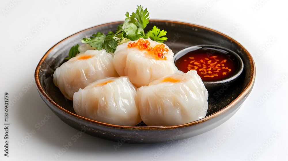 Steamed Dumplings Garnished with Fresh Herbs and Accompanied by a Soy Dipping Sauce Steamed Dumplings Garnished with Fresh Herbs and Accompanied by a Soy Dipping Sauce