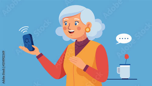 A woman in her 80s skillfully demonstrates her voiceactivated personal assistant device which she had developed to assist seniors with tasks around the house.. Vector illustration
