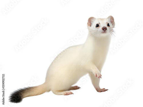 Winter white ferret perched playfully in cozy indoor environment close-up capture, isolated on white or transparent background