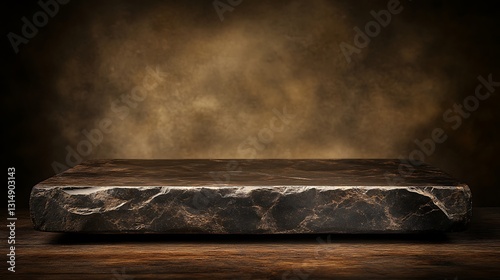 A stone slab sits on a wood surface with a smoky background